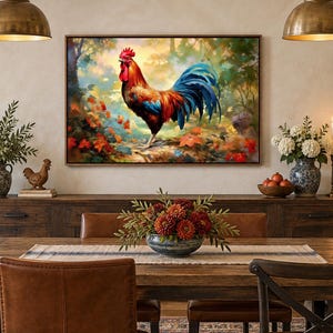 May include: A rectangular wall art print featuring a vibrant rooster with a bright red comb, orange and yellow neck feathers, and deep blue tail feathers, standing in a lush, colorful forest setting with scattered autumn leaves on the ground.