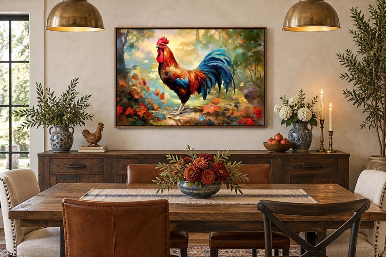 May include: A rectangular wall art print featuring a vibrant rooster with a bright red comb, orange and yellow neck feathers, and deep blue tail feathers, standing in a lush, colorful forest setting with scattered autumn leaves on the ground.