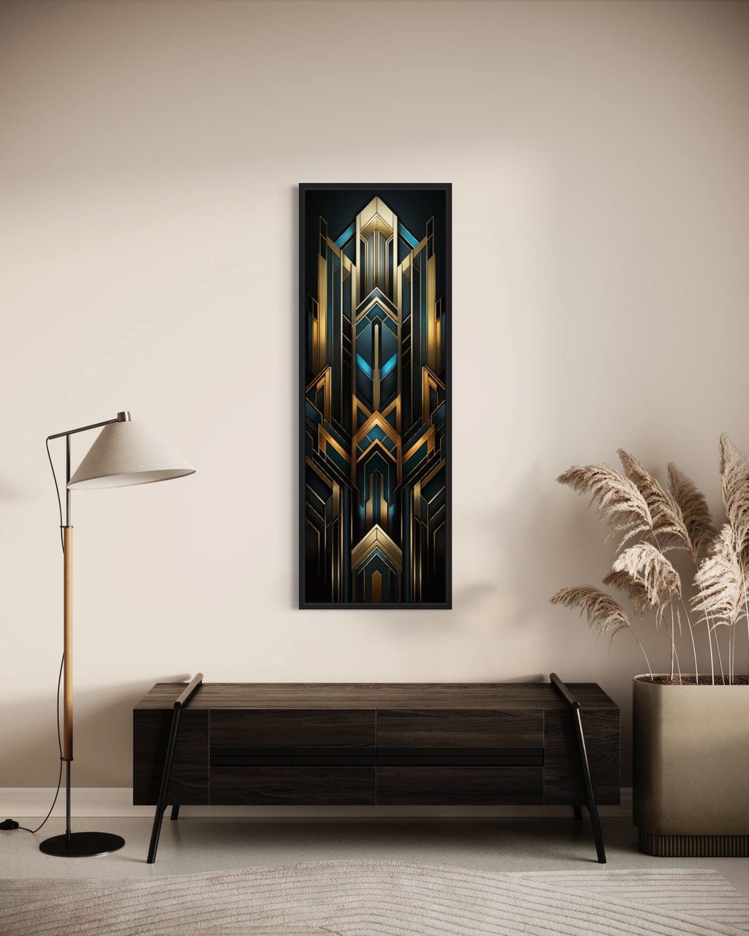 Tall Narrow Art Deco Wall Art, Gold Black Blue Painting Long Vertical