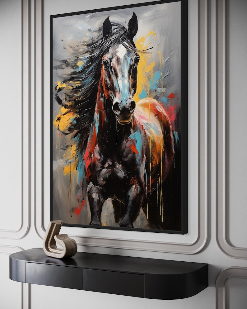 a large, colorful painting of a horse with flowing mane and tail, displayed on a wall above a black shelf.