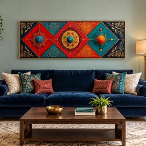 Puede incluir: Una pieza de arte mural rectangular con tres paneles en forma de diamante en rojo, amarillo y azul, con intrincados patrones de filigrana dorada y protuberancias circulares centrales, montada sobre un sof&aacute; de terciopelo azul profundo.