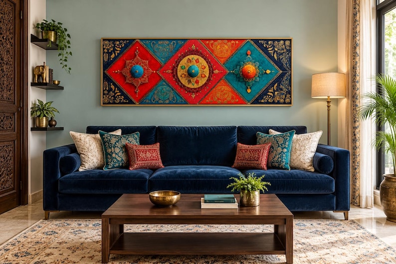Puede incluir: Una pieza de arte mural rectangular con tres paneles en forma de diamante en rojo, amarillo y azul, con intrincados patrones de filigrana dorada y protuberancias circulares centrales, montada sobre un sof&aacute; de terciopelo azul profundo.