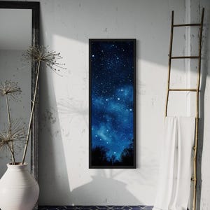 Tall Narrow Vertical Wall Art Milky Way Stars in Night Sky Painting Canvas PRINT, Slim Navy Blue Artwork Ready To Hang