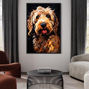 a large, vibrant painting of a dog's face hanging on a wall in a modern living room.