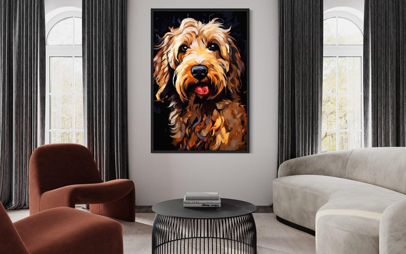 a large, vibrant painting of a dog's face hanging on a wall in a modern living room.