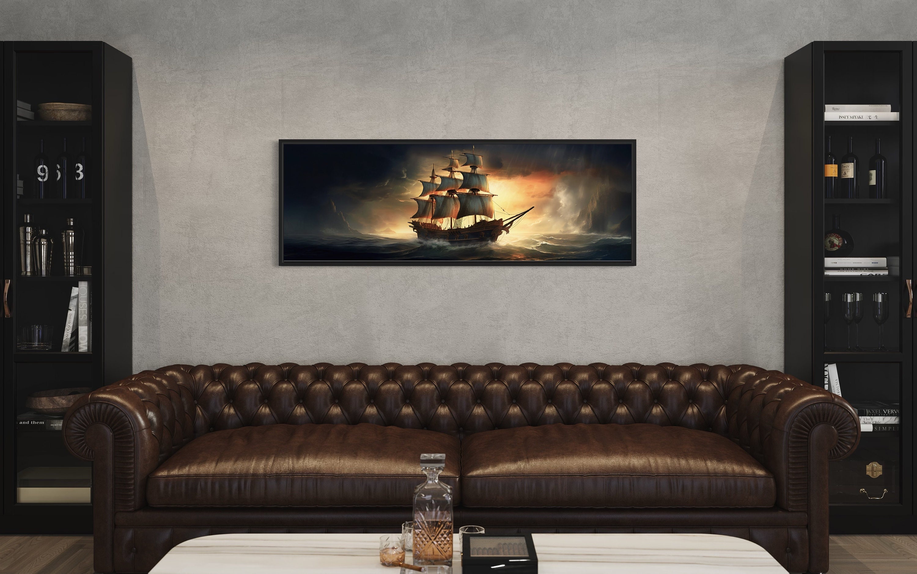 Panoramic Pirate Ship in Ocean Painting Nautical Wall Art, Game