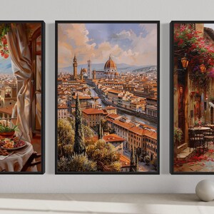 The image is a collage of three framed pictures depicting different scenes of a city, including a view from a window overlooking a cityscape, a street scene with flowers, and a view of a city from a high vantage point.