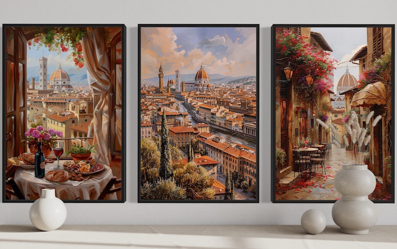 The image is a collage of three framed pictures depicting different scenes of a city, including a view from a window overlooking a cityscape, a street scene with flowers, and a view of a city from a high vantage point.