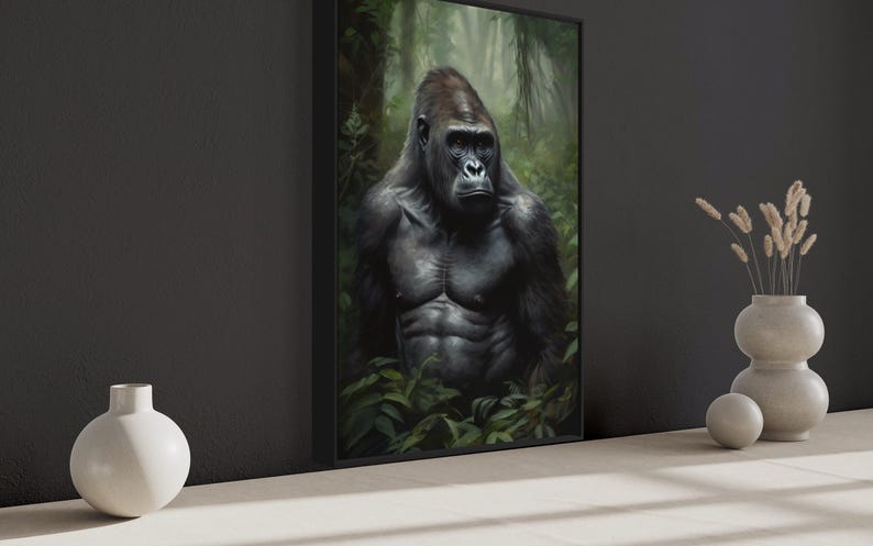 Gorilla Wall Art, Gorilla in The Jungle Portrait Painting Canvas Print, Game Room Decor, Man Cave Art, Framed Unframed Ready To Hang afbeelding 2