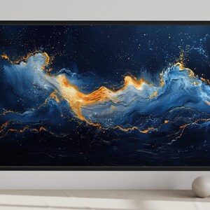 a large, vibrant painting of a swirling, abstract ocean scene with a mix of blue, orange, and white colors. The painting is displayed on a wall, and there are two white vases and a small white sculpture placed in front of it.