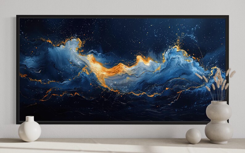 a large, vibrant painting of a swirling, abstract ocean scene with a mix of blue, orange, and white colors. The painting is displayed on a wall, and there are two white vases and a small white sculpture placed in front of it.