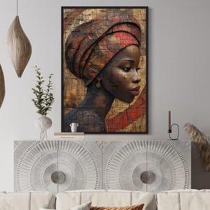 Beautiful African Woman Wall Art, Woman In Turban Abstract Painting Canvas PRINT, Large Modern Living Room Wall Decor Framed Ready To Hang