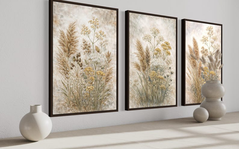 Neutral Wildflower Wall Art Set of 3 Canvas Prints, Botanical Meadow ...