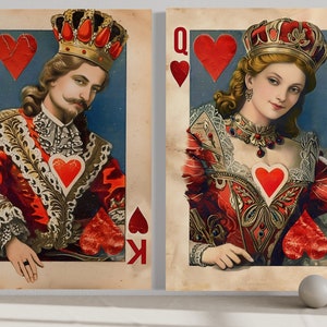 Set of 2 King And Queen Of Hearts Wall Art, Playing Cards Retro Painting Canvas PRINT, Couples Bedroom Wall Decor Framed Ready To Hang