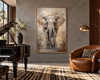 May include: A large rectangular wall art piece featuring a detailed painting of an elephant in shades of gray, brown, and tan. The artwork is enclosed in a thin gold frame and is displayed on a gray wall above a brown leather armchair.