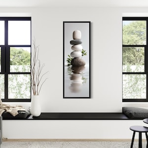 Stacked Zen Stones Tall Narrow Canvas Print, Minimalist Meditation Wall Art, Spa Bathroom Yoga Room Decor, Calming Nature Art