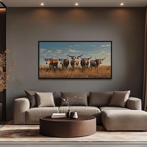 Herd of Texas Longhorn Cows In The Field Painting Canvas PRINT, Farmhouse Texas Ranch Wall Art Framed, Unframed, Ready To Hang