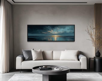 Panoramic Ocean Sunset Wall Art, Long Horizontal Seascape In Blue Grey And Gold, Modern Coastal Canvas Framed Ready To Hang
