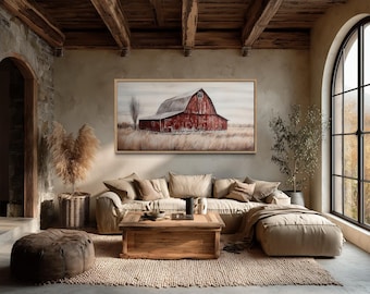 Rustic Red Old Farm Barn Painting On Wood Canvas PRINT, Antique Farmhouse Wall Art Framed Unframed Ready To Hang