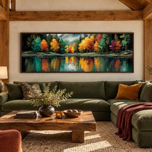 Autumn Forest Lake Reflection Canvas Wall Art – Colorful Yellow Green Red Fall Landscape Painting For Living Room or Rustic Lodge Decor