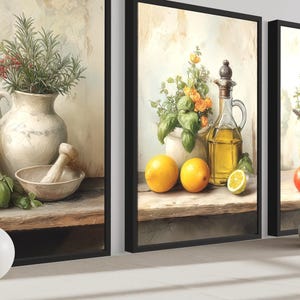set of three mediterranean kitchen prints | framed... Set of 3 Kitchen Wall Art – Mediterranean Herbs, Olive Oil, Tomatoes ...