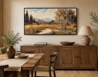 Framed Vintage Autumn Landscape Canvas Painting PRINT, Pastoral Nature Wall Art, Farmhouse Wall Decor Ready To Hang