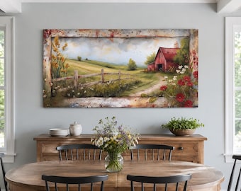May include: A rectangular wall art canvas featuring a landscape painting of a red barn in a grassy field with a wooden fence, wildflowers, and a dirt path. The artwork is framed by a weathered, rustic border with paint splatters and distressed edges.