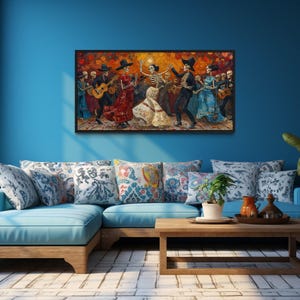 Mexican Wall Art - Day of The Dead - Dia De Los Muertos Celebration Traditional Painting Canvas Print Framed Ready To Hang