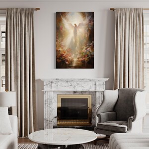 a living room with a fireplace, a round marble coffee table, and a comfortable sofa. Above the fireplace, there is a large painting of an angel with wings.
