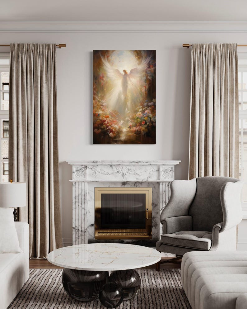 a living room with a fireplace, a round marble coffee table, and a comfortable sofa. Above the fireplace, there is a large painting of an angel with wings.