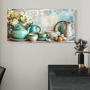 Farmhouse Kitchen Teal Wall Art, Dining Room Wall Decor,  Rustic Kitchenware And Flowers Painting Canvas Print Framed Ready To Hang