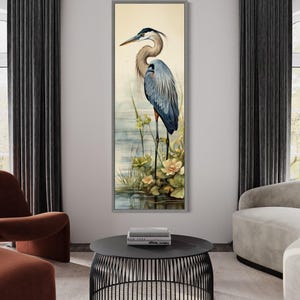 Tall Narrow Blue Heron Painting Canvas PRINT, Long Vertical Neutral Watercolor Retro Bird Wall Art Tall Artwork Ready To Hang