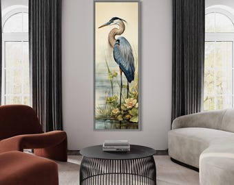 Tall Narrow Blue Heron Painting Canvas PRINT, Long Vertical Neutral Watercolor Retro Bird Wall Art Tall Artwork Ready To Hang