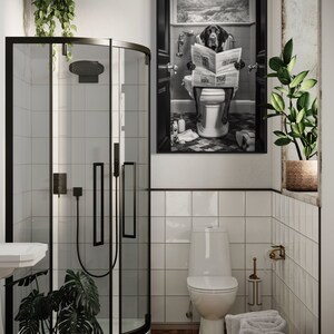 Labrador Retriever Dog on the Toilet Reading Newspaper, Funny Bathroom ...