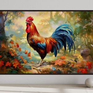 a vibrant painting of a rooster standing amidst a lush, colorful garden.