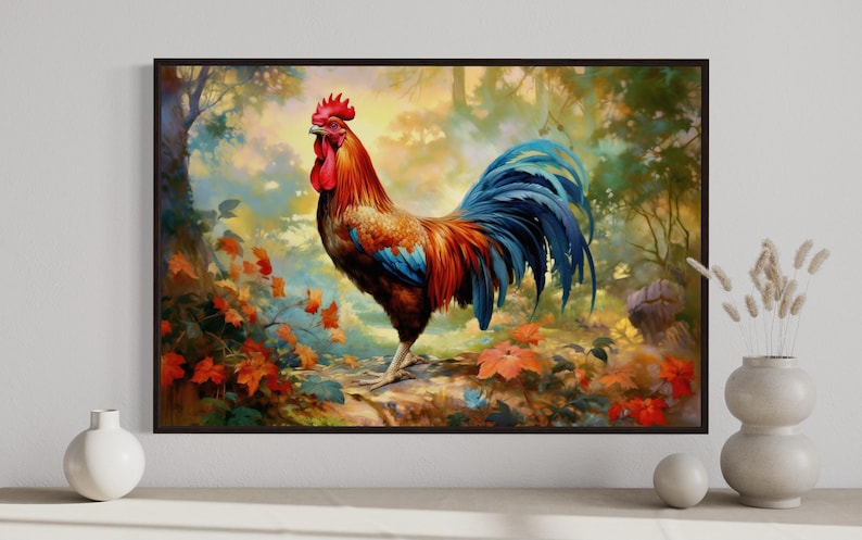 a vibrant painting of a rooster standing amidst a lush, colorful garden.