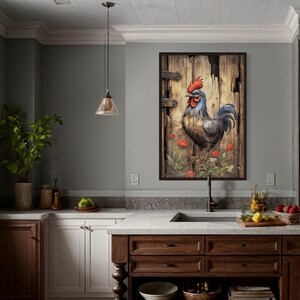 a cozy kitchen with a large wooden door featuring a rooster painted on it, hanging above a sink. The kitchen has a mix of modern and rustic elements, including a wooden countertop, a pendant light, and a framed picture of a rooster.