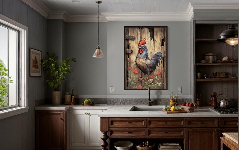 a cozy kitchen with a large wooden door featuring a rooster painted on it, hanging above a sink. The kitchen has a mix of modern and rustic elements, including a wooden countertop, a pendant light, and a framed picture of a rooster.