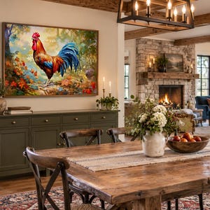 May include: A rectangular wall art print featuring a vibrant rooster with red, orange, and blue plumage standing in a colorful autumn forest setting. The artwork is displayed in a thin wooden frame and mounted on a light-colored wall above a green cabinet.