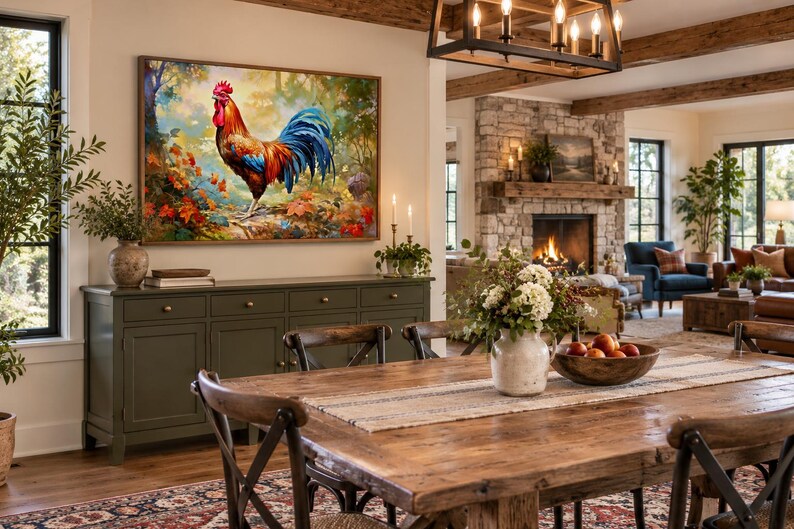 May include: A rectangular wall art print featuring a vibrant rooster with red, orange, and blue plumage standing in a colorful autumn forest setting. The artwork is displayed in a thin wooden frame and mounted on a light-colored wall above a green cabinet.