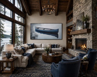 Blue Canoe Painting Canvas PRINT, Lodge Decor Nautical Cabin Wall Art, Lake House Decor, Canoe Wall Art, Framed, Unframed, Ready To Hang