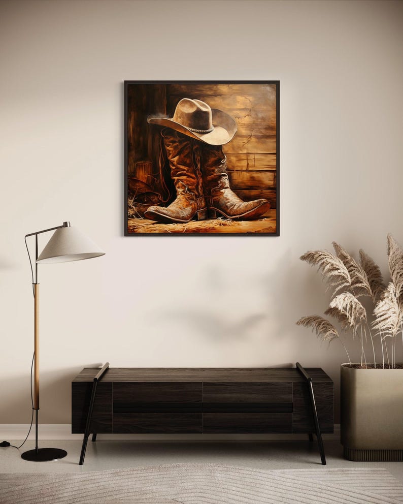 a framed painting of a pair of cowboy boots hanging on a wall above a wooden bench.
