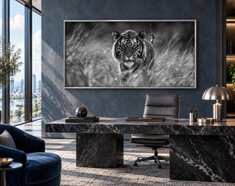Black White Tiger With Blue Eyes Framed Canvas Wall Art, Wildlife In Nature Painting Man Cave Wall Decor Ready To Hang