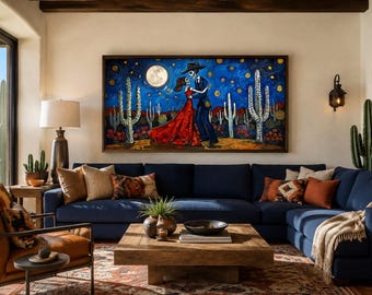 Mexican Wall Art - Day of The Dead - Skeleton Couple Dancing In Desert At Night Painting Canvas PRINT, Dia De Los Muertos Ready To Hang