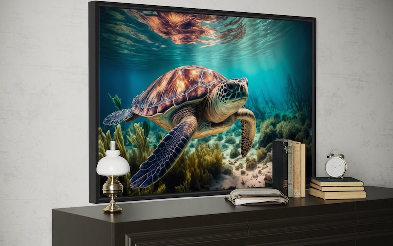 A framed photograph of a sea turtle swimming in the ocean, with a coral reef and other marine life visible in the background.