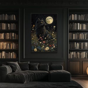 a cozy living room with a large black cat sitting on a bookshelf, gazing up at the night sky. The room is filled with bookshelves, creating a warm and inviting atmosphere. A large painting of a cat under a moonlit sky is prominently displayed on the wall, adding a touch of whimsy to the space. The room is furnished with a comfortable couch and a floor lamp, creating a relaxing and intellectual ambiance.