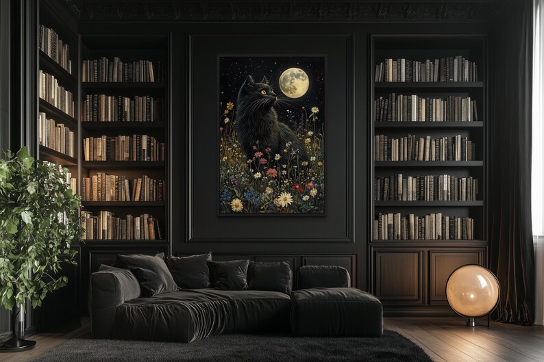 a cozy living room with a large black cat sitting on a bookshelf, gazing up at the night sky. The room is filled with bookshelves, creating a warm and inviting atmosphere. A large painting of a cat under a moonlit sky is prominently displayed on the wall, adding a touch of whimsy to the space. The room is furnished with a comfortable couch and a floor lamp, creating a relaxing and intellectual ambiance.
