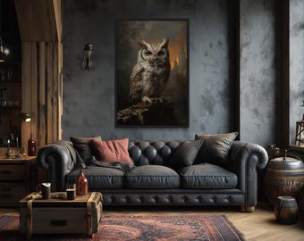 Gothic Owl Halloween Canvas Wall Art – Spooky Horned Owl on Cliff, Dark Nocturnal Bird Painting for Haunted Victorian Decor