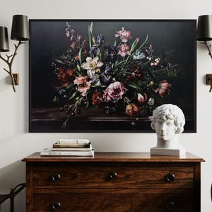 Dark Academia Flowers Wall Art, Moody Dark Vintage Pink Floral Painting Canvas Print Framed Ready To Hang