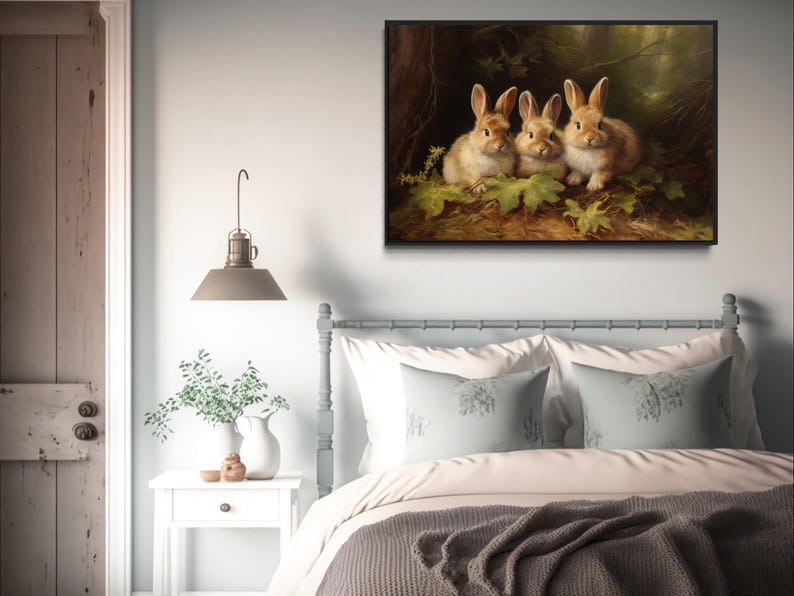 a cozy bedroom scene with a bed, a nightstand, and a painting of three rabbits on the wall.